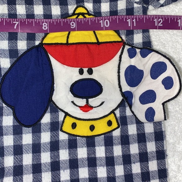 Vintage 90’s navy white checked dog romper polo style red collar and cuffs 6/9 - Picture 4 of 6